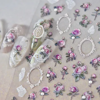 1 Лист Наклеек для ногтей с кристаллами и бриллиантами, Милые Розовые наклейки для ногтей, Романтические блестящие цветы, цветочные украшения для маникюра, аксессуары