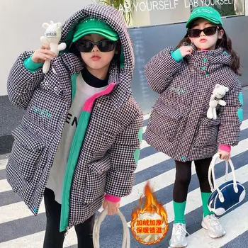 2023 Новая зимняя повседневная клетчатая куртка для девочек, хлопковые пальто с капюшоном, утепленное теплое детское пальто для девочек, детские парки для подростков, верхняя одежда