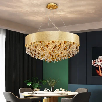 2023 Современная хрустальная люстра для гостиной домашнего декора подвесная хрустальная лампа круглый золотой светодиодный светильник с регулируемой яркостью