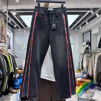 2024ss Выстиранные винтажные джинсовые брюки в желтую полоску для мужчин и женщин, брюки из плотной ткани