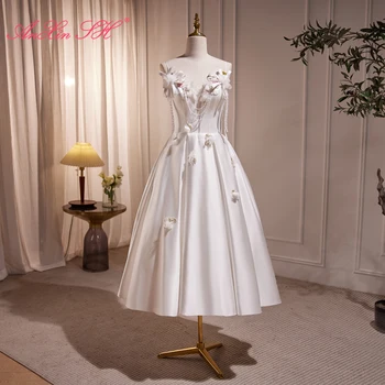 AnXin SH princess белое атласное платье на бретельках без рукавов, расшитое бисером, с хрустальным цветком, короткое вечернее платье little white dress