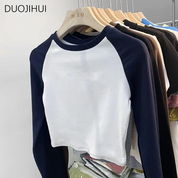DUOJIHUI, Женские футболки американского контрастного цвета с круглым вырезом, Осенние Новые Простые Повседневные Модные Свободные женские футболки с длинным рукавом