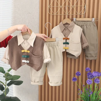 SJBB от 0 до 5 лет, весенне-осенний шерстяной жилет в повседневном стиле, теплая одежда для маленьких мальчиков, детская одежда из трех предметов