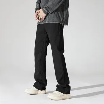 Американские Расклешенные джинсы High Street, Мужские Модные Свободные Стрейчевые Узкие брюки с заклепками, мужские брюки-карго, уличная одежда для мужчин