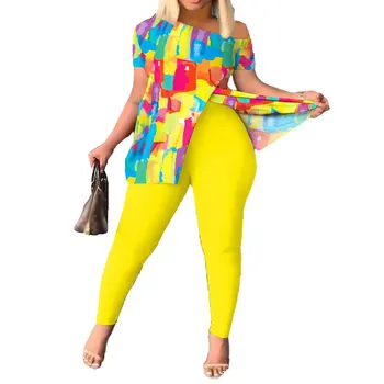 Африканская одежда для женщин, летний модный стиль, африканские женщины, короткий рукав, принт из полиэстера, комплекты из 2 предметов, топ и длинные брюки в тон.
