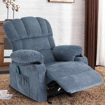 Ванбоу.Кресло с откидной спинкой, массажный диван с подогревом, с USB и боковым карманом, 2 подстаканника (синий)