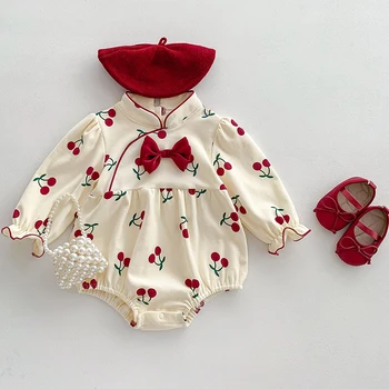 Весенний комбинезон для новорожденных девочек, детская одежда, Комбинезон с длинными рукавами и бабочками с вишневым принтом, Одежда для лазания, Детская хлопчатобумажная одежда