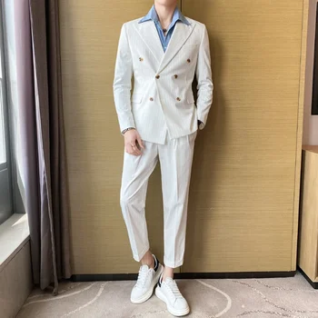 Высокое качество (блейзер + брюки) Мужская Корейская версия модного тренда, продвинутый деловой повседневный Элегантный свадебный приталенный костюм, 2 предмета в комплекте