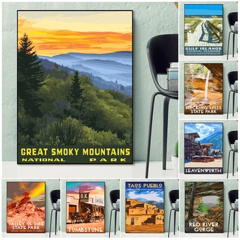Декор плаката о путешествиях в национальном парке в винтажном стиле Вашингтон, Кентукки, Файр-Айленд, Нью-Мексико, Настенный принт с природными пейзажами