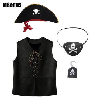 Детский костюм пирата Унисекс, комплект для косплея на Хэллоуин, жилет без рукавов с V-образным вырезом и шнуровкой спереди, крючок для шляпы с завязанными глазами