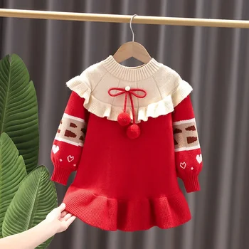 Детское платье-свитер Ropa De Niña для девочек, осенне-зимние милые красные вязаные платья принцессы, Новогодняя плюшевая теплая детская одежда