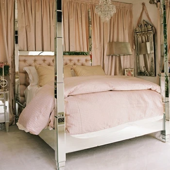Дешевая мебель для спальни с зеркальным высоким изголовьем и тафтингом, полноценная кровать размера 