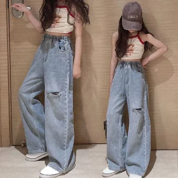 Джинсы с высокой талией, прямые свободные широкие брюки для девочек, весенне-осенние Корейские мешковатые джинсы, модные детские джинсовые брюки