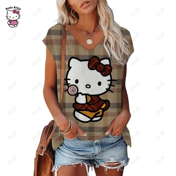 Женская майка, модная футболка с принтом Hello Kitty, уличная одежда Harajuku, повседневная без рукавов, большой размер, Лето 2023, Популярная