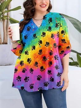 Женские рубашки Animal Paws, Топы с 3D принтом Rainbow Art Gradient, Футболки с V-образным вырезом и длинным рукавом, Большие размеры, Повседневная одежда Famale, L-5XL