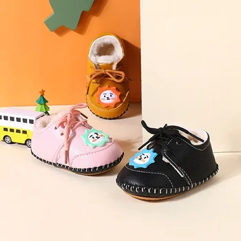Зимняя детская обувь для мальчиков и девочек 0-1 лет, обувь для прогулок, плюшевая и толстая хлопчатобумажная обувь, удобная обувь для обучения