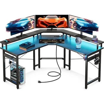 Игровой стол L-образной формы со светодиодной подсветкой и Розетками Питания, 51-дюймовый Компьютерный стол с Подставкой для монитора, Угловой стол с Подстаканником