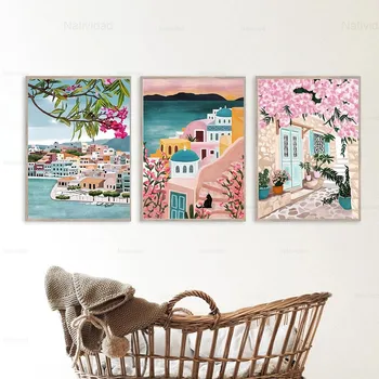 Картина на холсте, путешествия, греческие плакаты, принты с цветами и растениями, современные пляжные настенные панно для домашнего декора в гостиной Без рамы