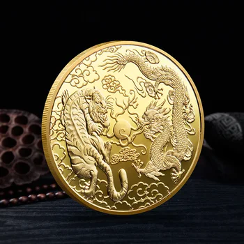 Китайский Дракон Тигр Коллекционные Монеты На Удачу Золотая Монета