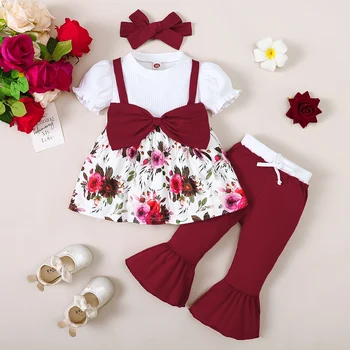 Комплект одежды из 3 предметов, юбка с короткими рукавами для маленьких девочек, топ с бантом + расклешенные брюки + головной убор, модный прекрасный наряд для детей 1-3 лет