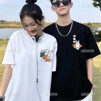 Корейская повседневная одежда для влюбленных, футболка с милым кроликом с китайским принтом, топы из 100% хлопка, футболка унисекс, футболки для пары
