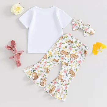 Мой первый Пасхальный наряд для девочки, футболка с цветочным принтом в виде кролика, расклешенный комплект одежды, топ для малышей, расклешенные брюки, одежда