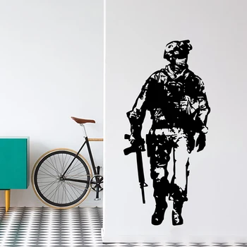 Мультяшный Армейский солдат, игрок в видеоигры, Наклейка на стену, Оружие, война, Дети-подростки, Детская Игровая комната, Спальня, Домашний декор