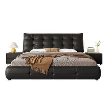 Новая современная простая слоеная кровать, черная двуспальная кровать в главной спальне, атмосфера высокого класса, легкая роскошная кожаная кровать master