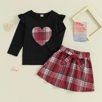 Одежда для маленьких девочек, рубашка с длинными рукавами и оборками, комплект юбки, Осенне-зимний комплект одежды для маленьких девочек