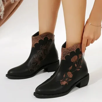 Осенне-зимние повседневные ковбойские ботильоны в западном стиле, Модная женская дизайнерская обувь на платформе с острым носком, без застежки на высоком каблуке