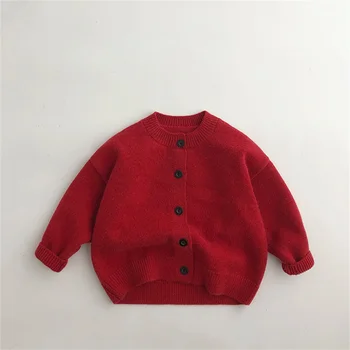 Осенний свитер для маленьких мальчиков, кардиган, кардиганы для маленьких девочек, Красный джемпер, вязаный свитер, Детское пальто, Детская одежда в Корейском стиле M135