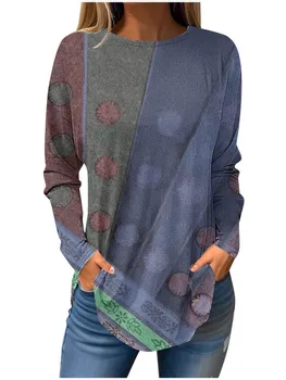 Осенняя женская футболка с 3D-принтом в цветном блоке, круглый вырез, длинный рукав, модная повседневная спортивная рубашка, женская футболка, новинка 2023 года