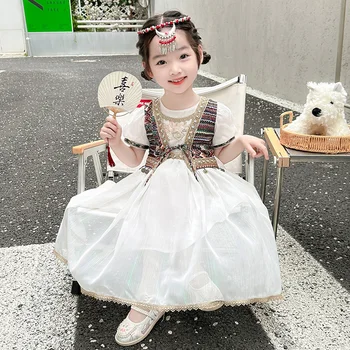 Платье для девочек в Корейском этническом стиле с фальшивым жилетом Пляжное платье принцессы в стиле Бохо 2023 Новое Летнее Милое платье для маленьких девочек