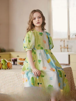 Платье для девочек, лето 2023, Новая модная детская юбка с граффити, платье с пузырчатыми рукавами для девочек