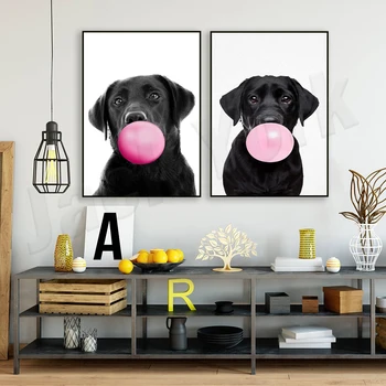Принт из жевательной резинки с черным лабрадором, милое изображение лабрадора, черно-белый портрет розовой собаки, настенное искусство для детей, большой плакат