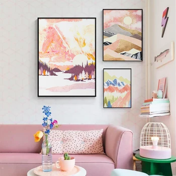 Природа в скандинавском стиле, абстрактный румяно-розовый пейзаж, холст, плакаты и принты, настенное искусство для украшения дома в гостиной.
