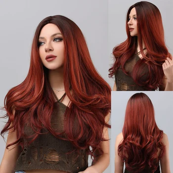 Синтетический Длинный кудрявый коричневый градиентный Оранжево-красный парик средней плотности Термостойкий повседневный парик, подходящий для модных дам
