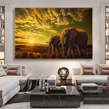 Современные Африканские Два Слона Холст Картина Закат Пейзаж Плакаты и Принты Куадрос Настенные Художественные Картины для Декора Гостиной