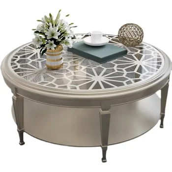 Стеклянный журнальный столик, круглый резной полый чайный столик из массива дерева, небольшой кухонный столик, легкий роскошный современный чайный столик