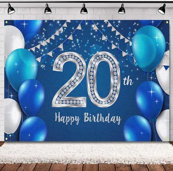Фон для фотографии Happy 20 Years Old 20th Birthday Decor Party Background Banner Supplies For Girls Boys - Синий Серебряный Плакат