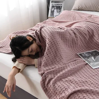 Хлопчатобумажное Одеяло в Вафельную клетку - Тонкое Вязаное Одеяло - Розовое или зеленое - Для использования в отеле или дома
