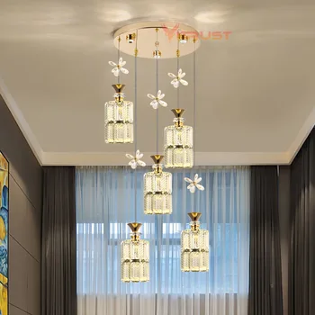 Хрустальные люстры Лампа Led K9 Cristal Gold Потолочный подвесной светильник с регулируемой яркостью Столовая, Двухуровневая гостиная, Прикроватная тумбочка отеля