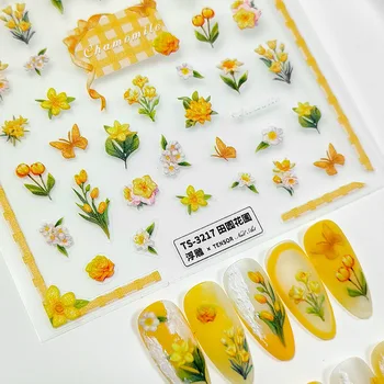 Цветущие Желтые цветы, бабочка, 5D Мягкие рельефы с тиснением, самоклеящиеся наклейки для дизайна ногтей, модные 3D наклейки для маникюра Оптом
