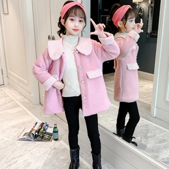 Шерстяное пальто для девочек, куртка, хлопчатобумажная верхняя одежда Windbreak 2023, розовая теплая плюс плотный бархат, зимняя осенняя праздничная детская одежда