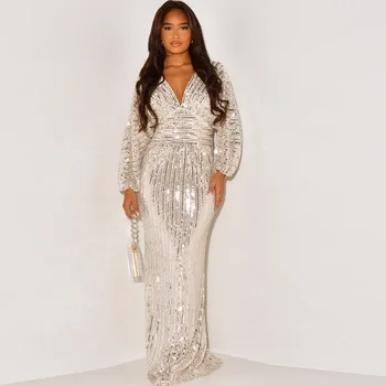 Элегантное вечернее платье макси с блестками, женское блестящее плиссированное облегающее платье с V-образным вырезом для клубной вечеринки, Свадебное коктейльное длинное платье для женщин