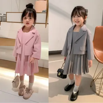 комплект из двух предметов, одежда для маленьких девочек, корейский блейзер, костюм, пальто с майкой, плиссированное платье, одежда для маленьких девочек от 3 до 8 лет